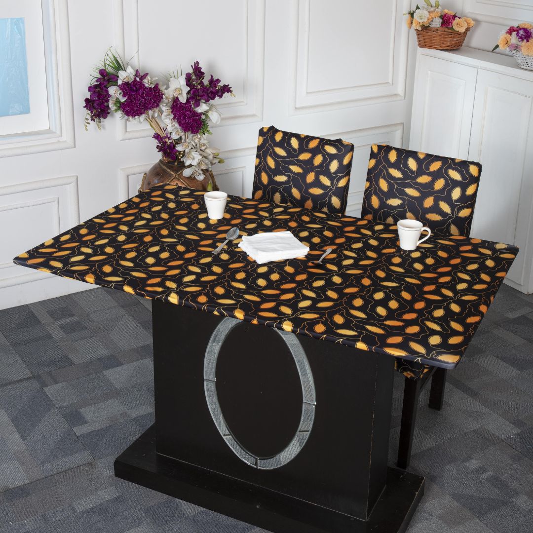 dining table cover meesho- Golden Leaves Elastic Table Cover Media.