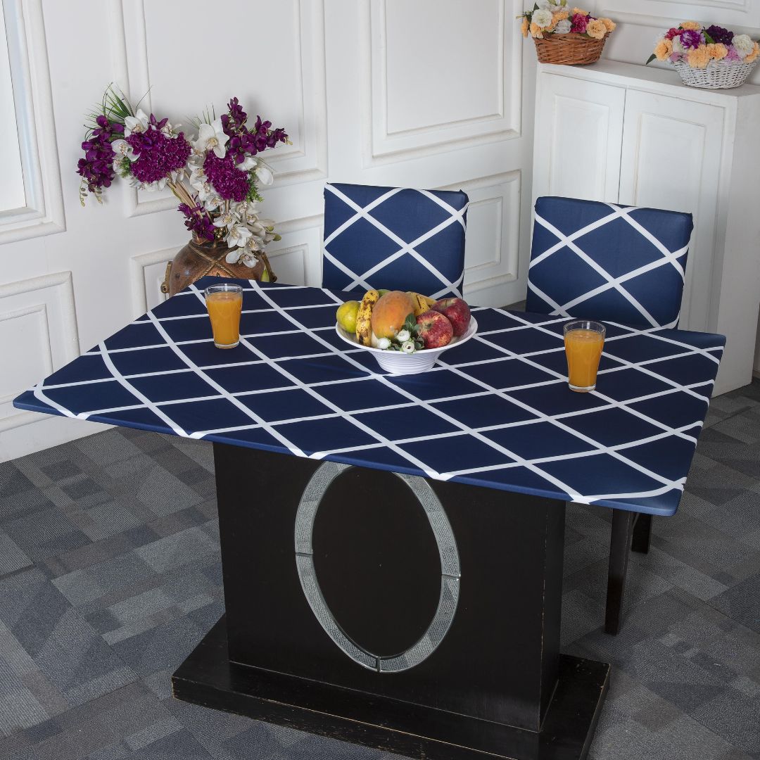 Table chair covers- Navy Blue Checks Elastic Table Cover Media.