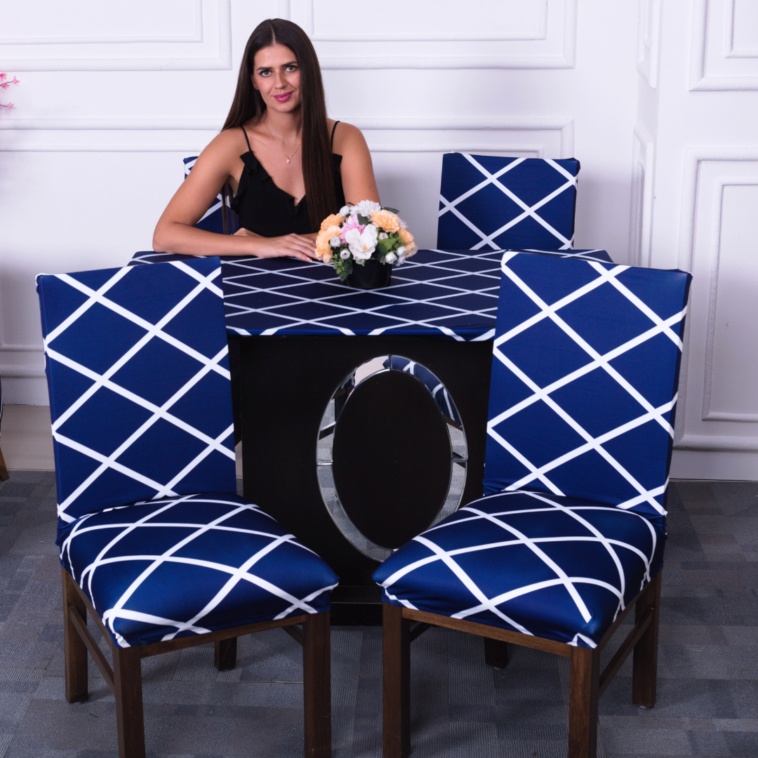 DivineTrendz Exclusive - Navy Blue Checks Elastic Chair & Table Cover