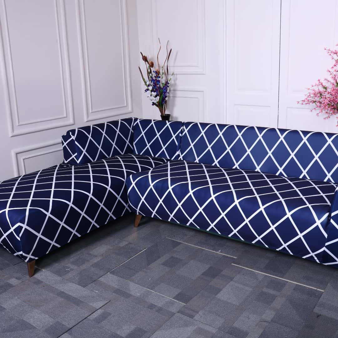 DivineTrendz Exclusive - Navy blue checks Elastic Chair,Table & L-Shape Sofa Slipcovers
