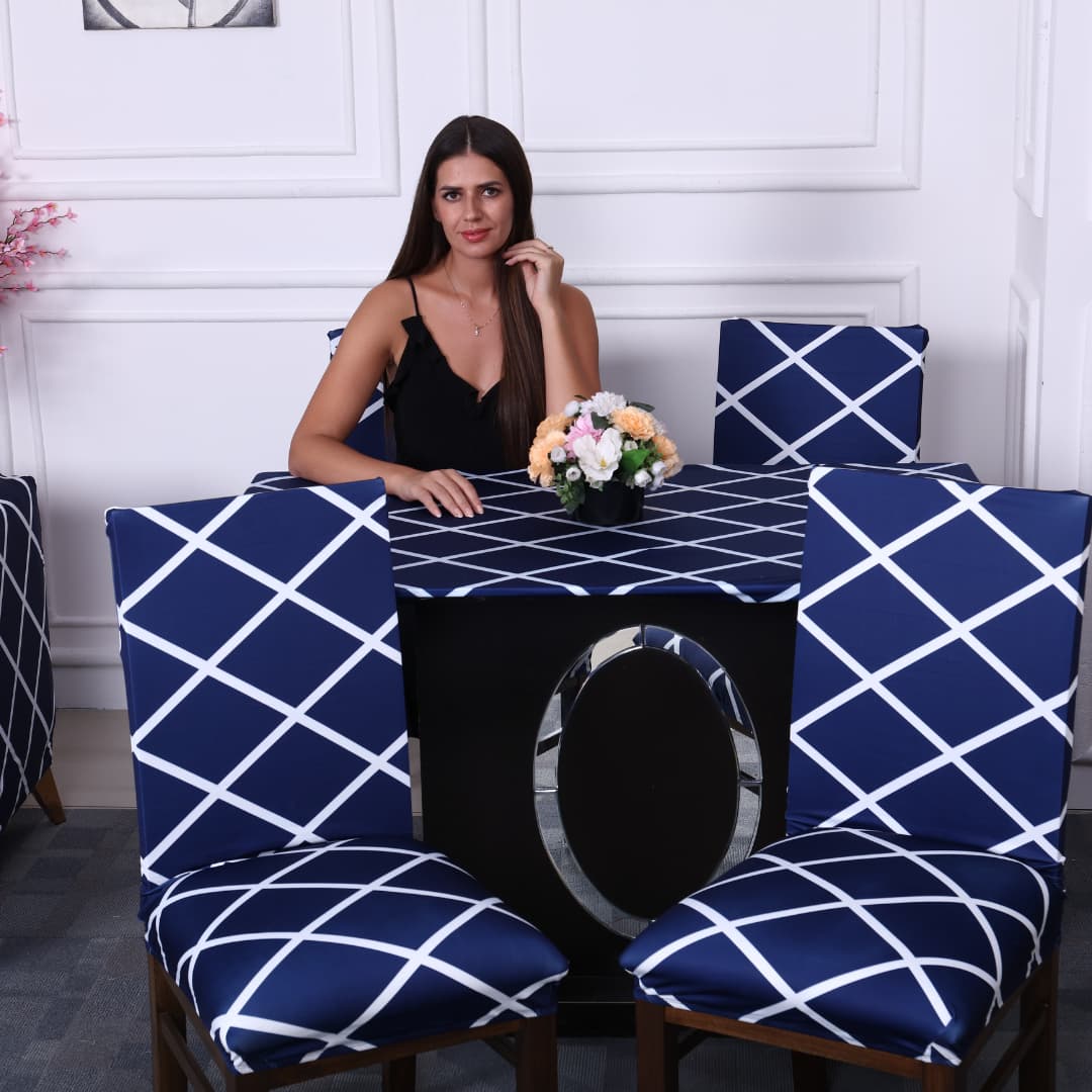 DivineTrendz Exclusive - Navy blue checks Elastic Chair,Table & L-Shape Sofa Slipcovers