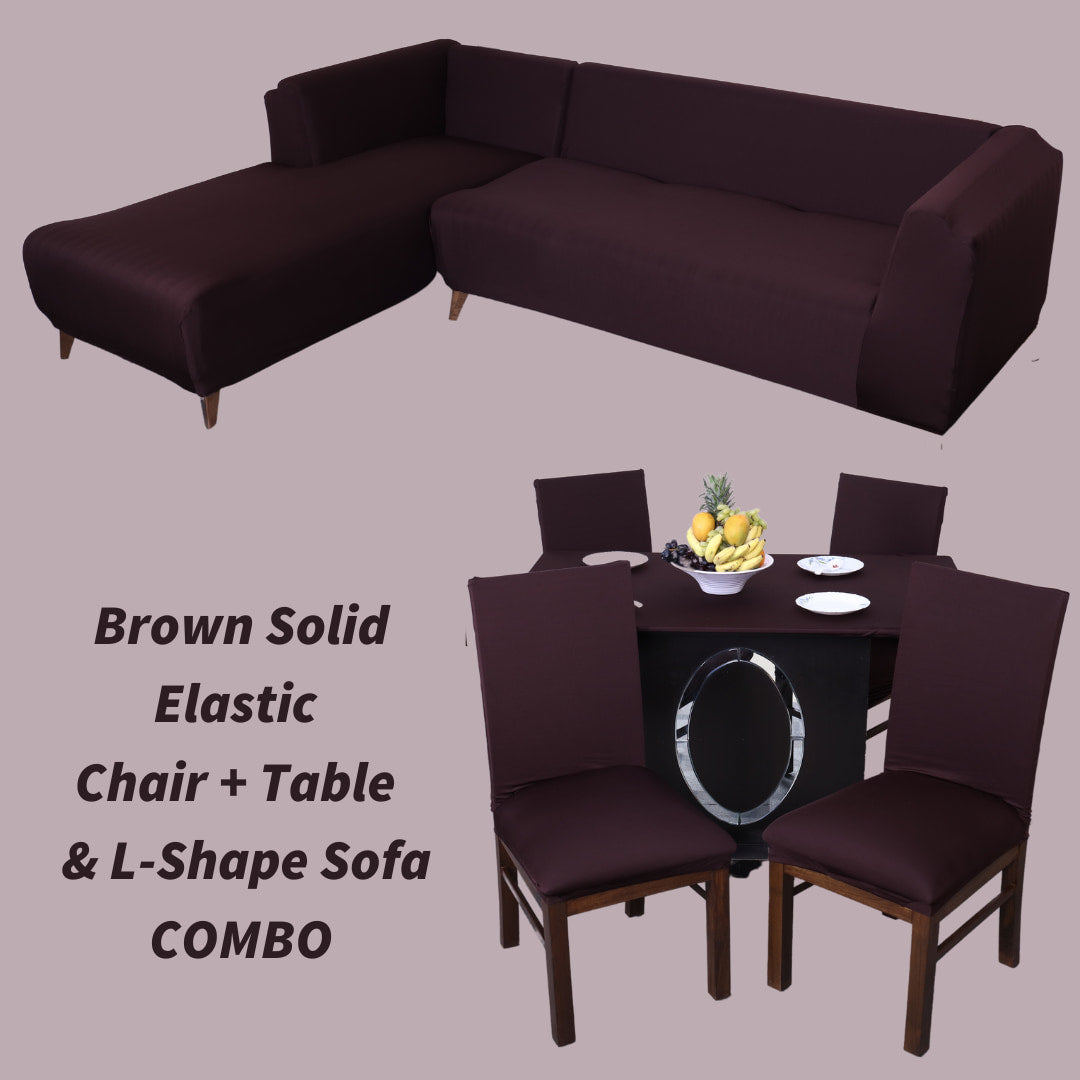 brown solid elastic chair,table and l -shape sofa covers