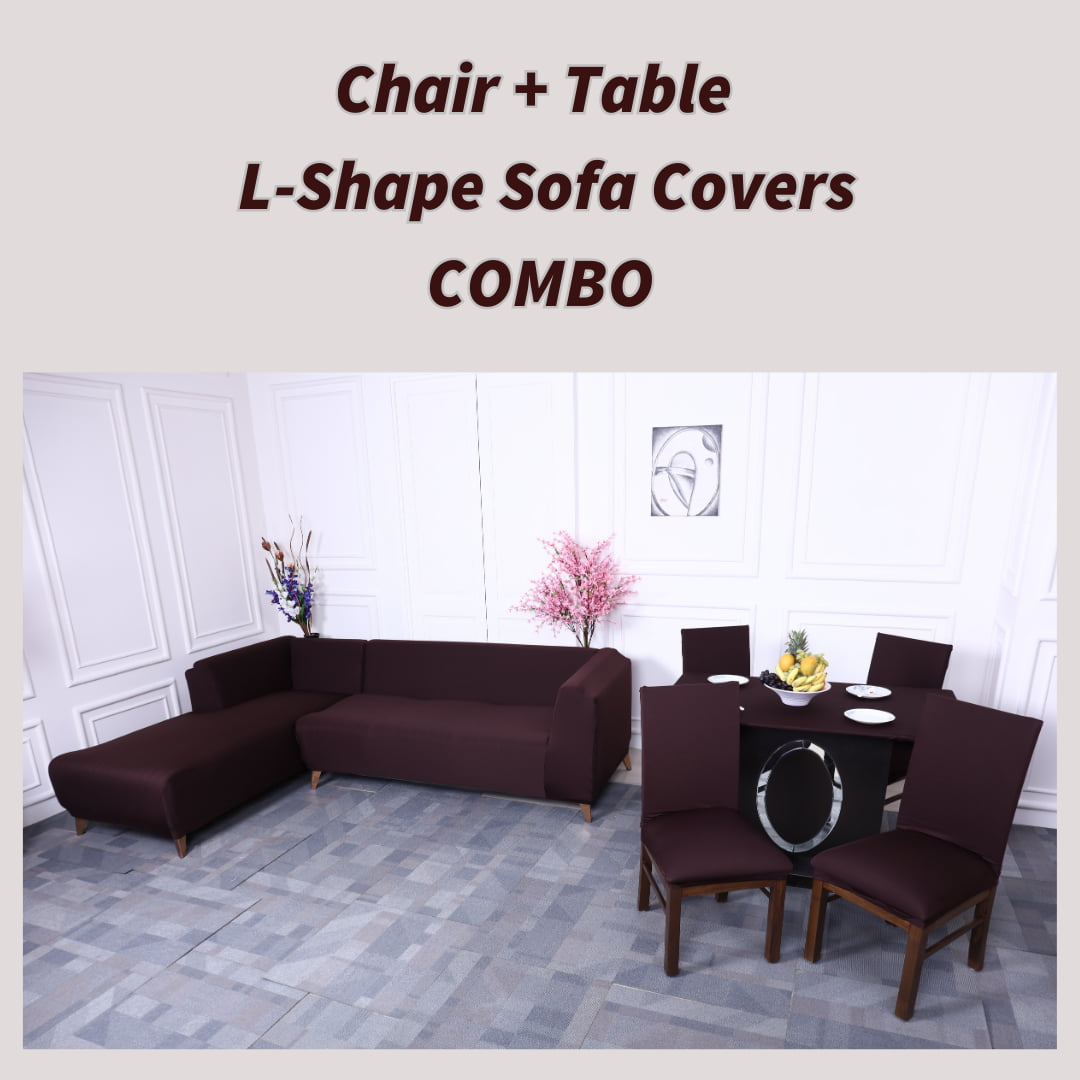 divine trendz exclusive - brown solid elastic chair,table and l -shape sofa slipcovers