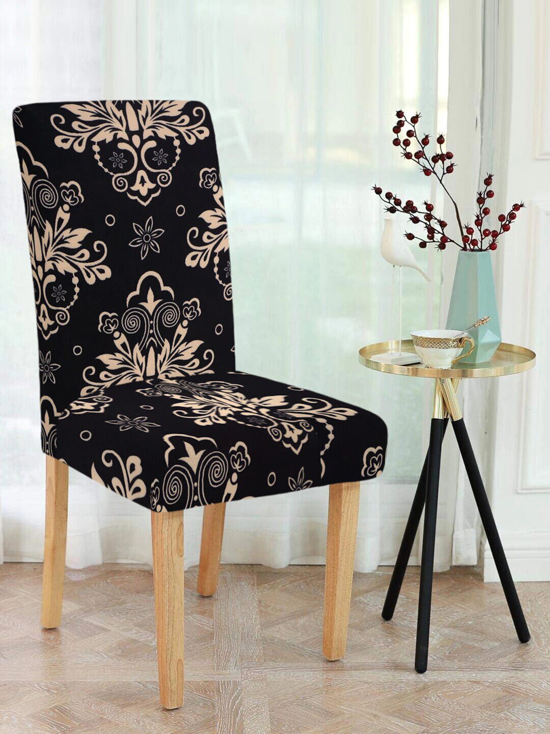 Magic Universal Chair Cover - Beige & Black Printed - DivineTrendz , chair cover dining set , dining table chair covers, chair covers slilcovers.