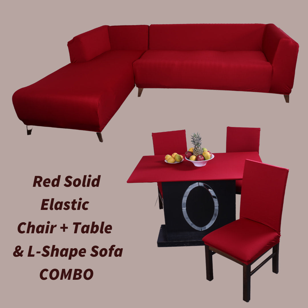 exclusive - red solid elastic chair,table and l-shape sofa covers