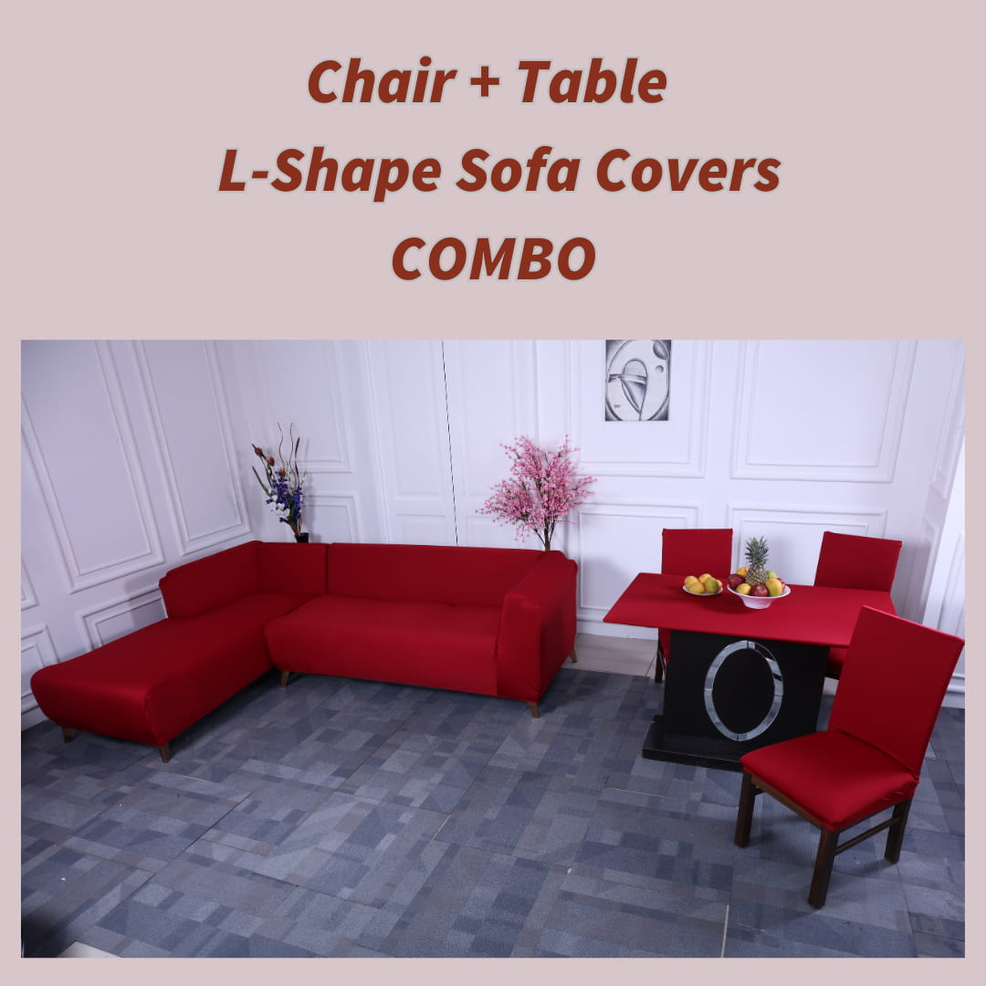 exclusive - red solid elastic chair,table and l-shape sofa slipcovers