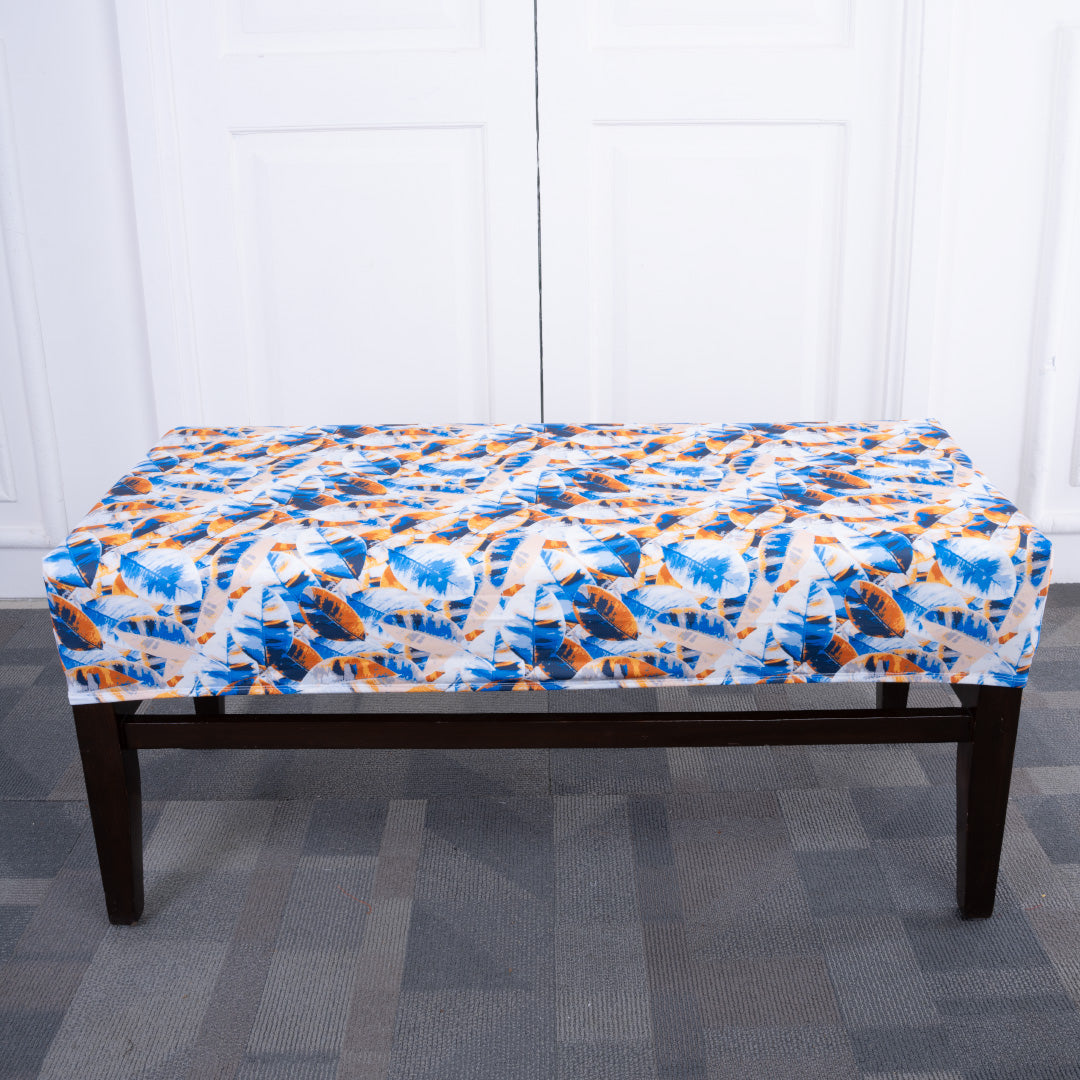 White Blue Feather Elastic Bench Cover