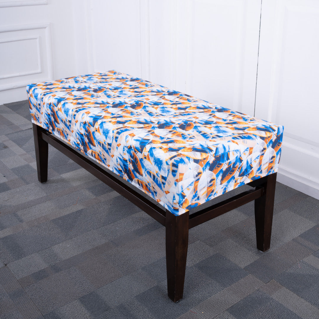 White Blue Feather Elastic Bench Cover