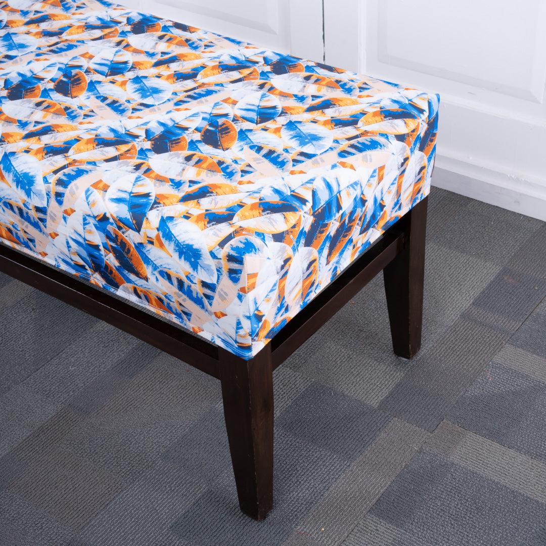 White Blue Feather Elastic Bench Cover