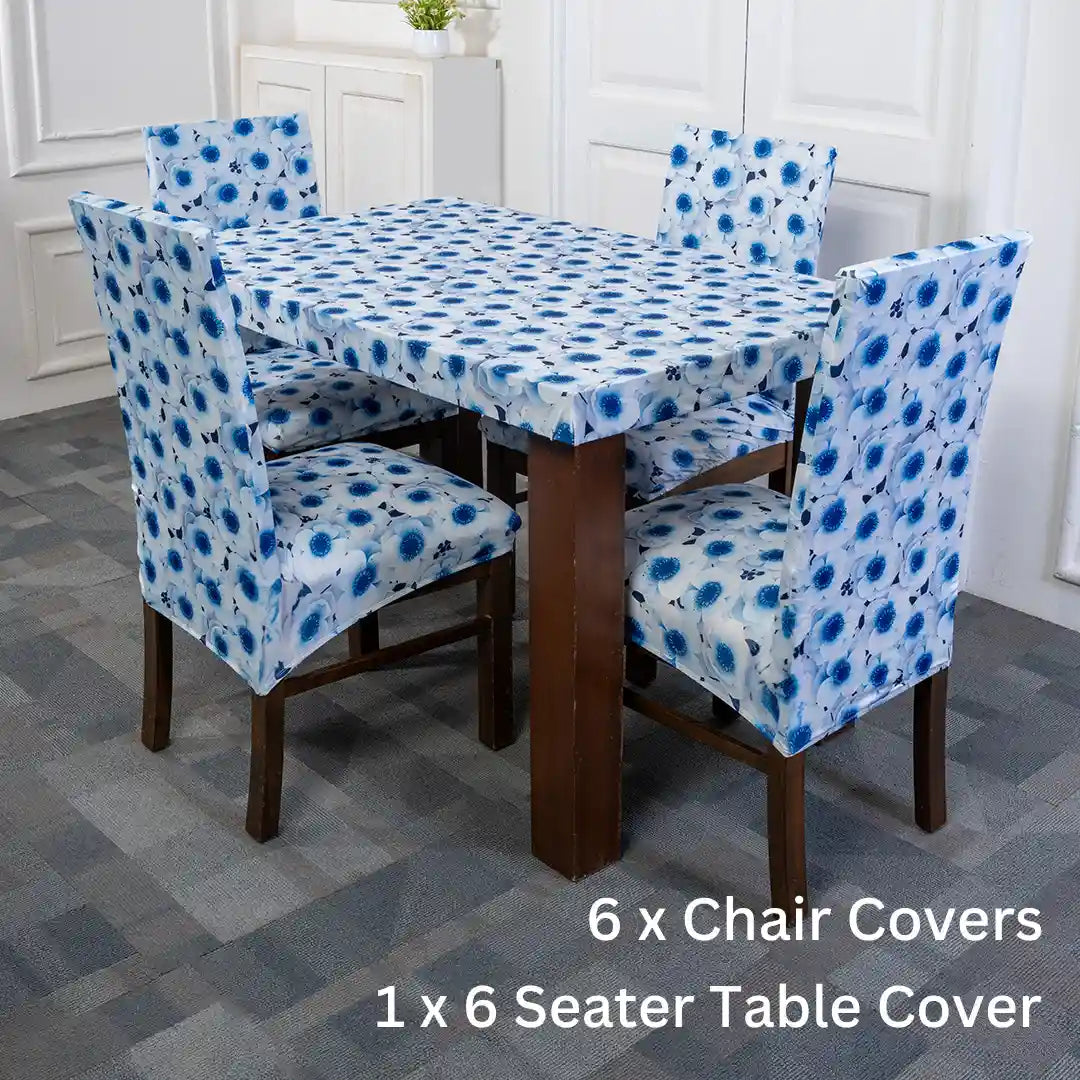 3D Blue Flower Elastic Chair And Table Cover Set