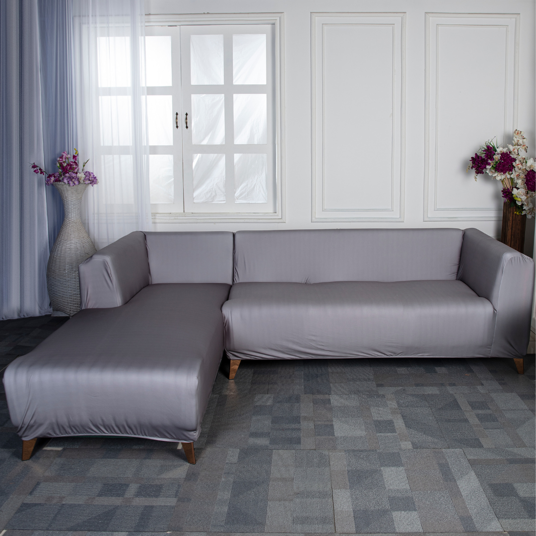 Grey Solid Elastic L-Shape Sofa Slipcovers