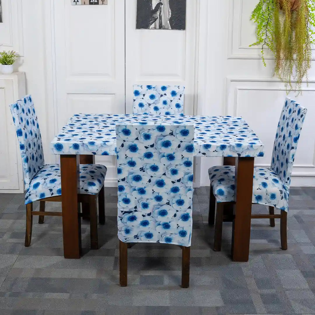 3D Blue Flower Elastic Chair And Table Covers Set