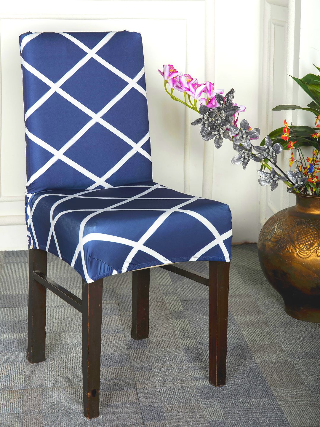 Navy Blue Checks Chair Covers
