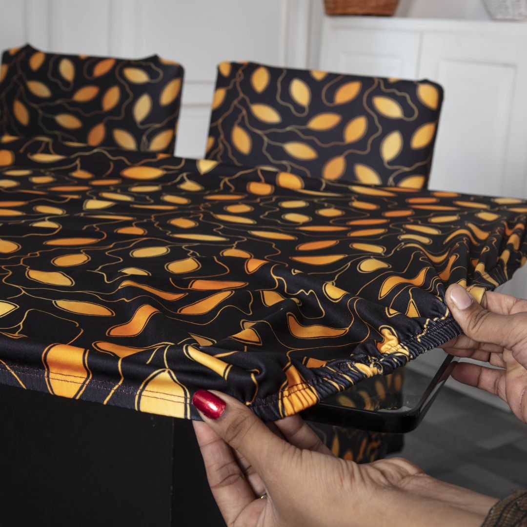 dining table cover meesho- Golden Leaves Elastic Table Cover Media.