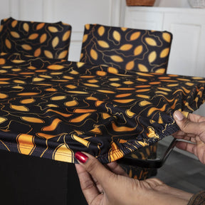 dining table cover meesho- Golden Leaves Elastic Table Cover Media.