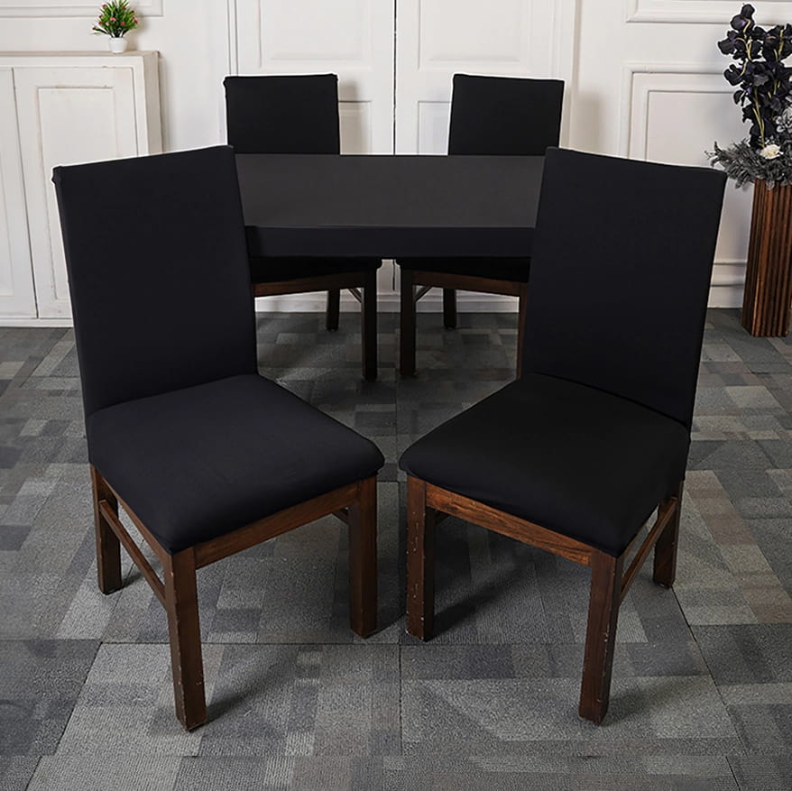  Black Solid Elastic Chairs Table Cover Set