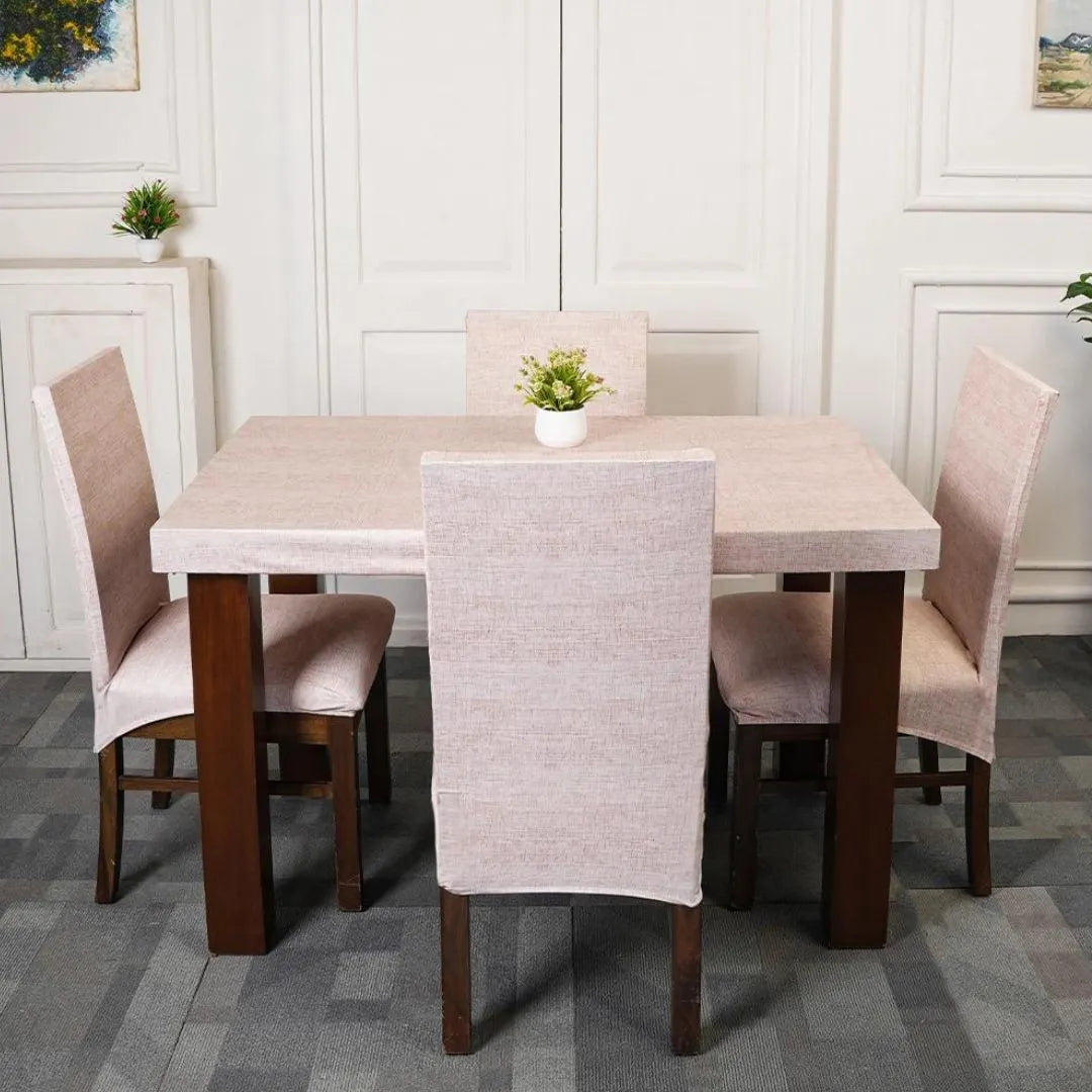 Cream Juth Elastic Chair Table Covers Set