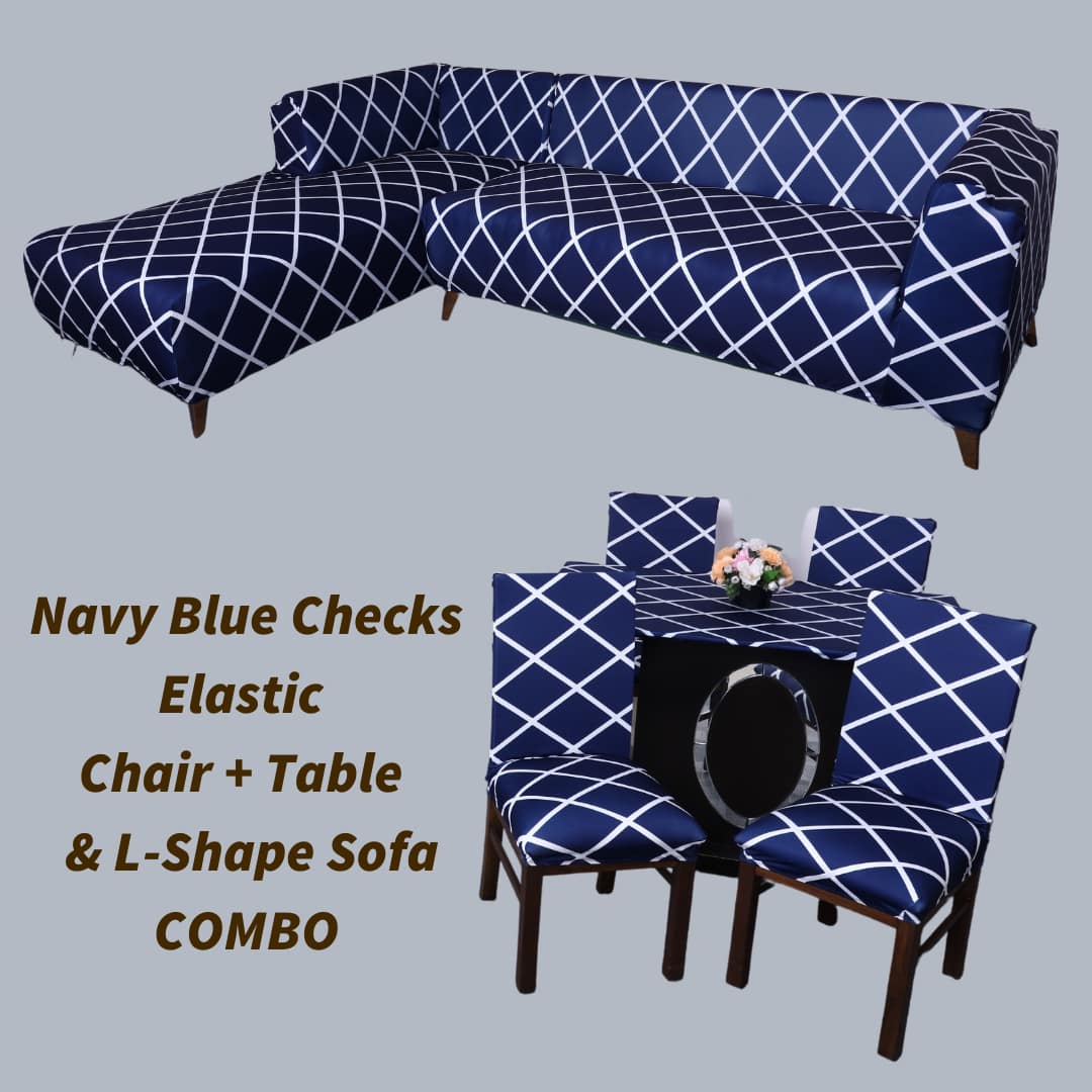 DivineTrendz Exclusive - Navy blue checks Elastic Chair,Table & L-Shape Sofa Slipcovers