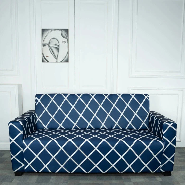 Navy Blue Checks Elastic Sofa Slipcovers