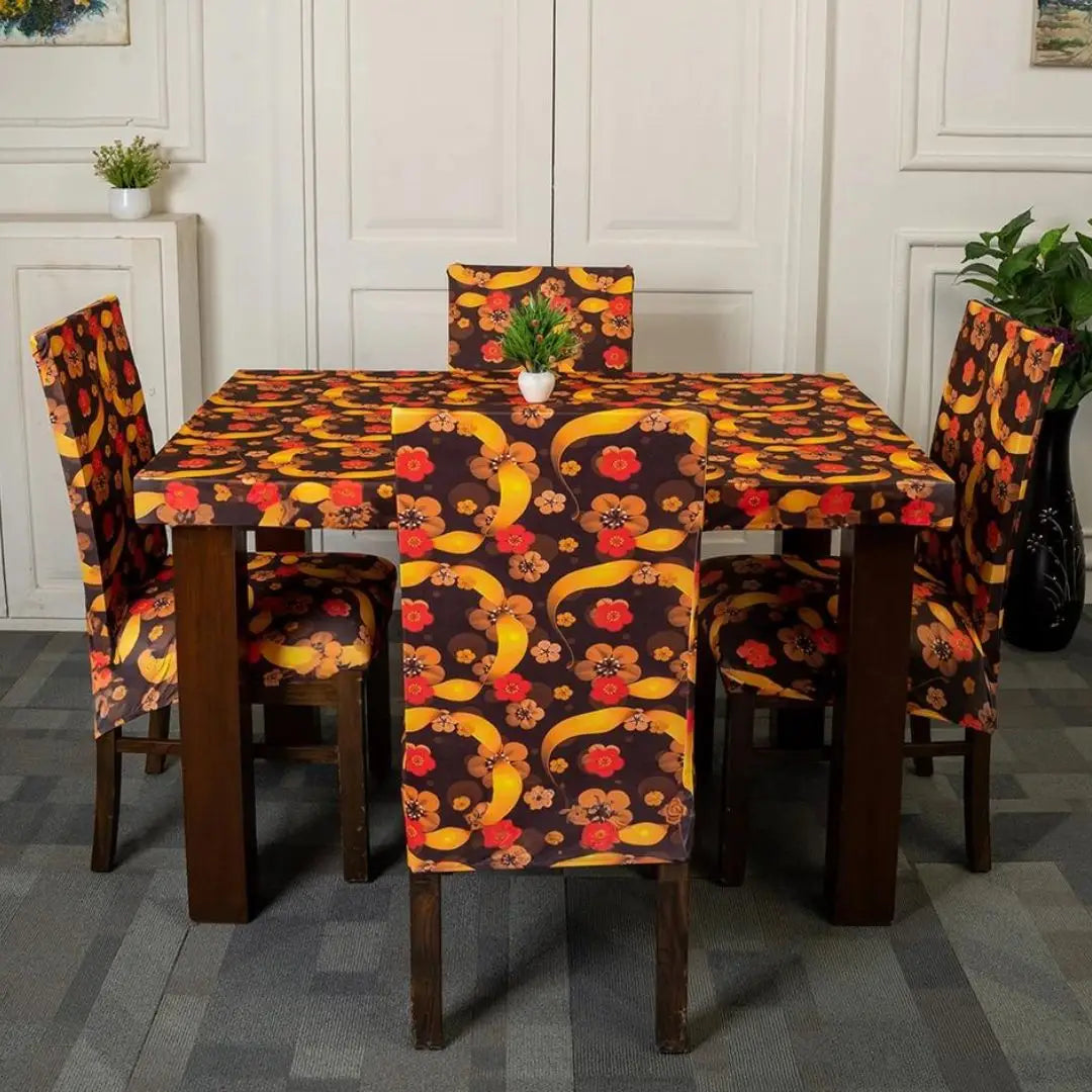 Retro Flowers Elastic Chair Table Covers Set