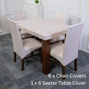 Cream Diamond Elastic 6 Seater Chair And Table Cover