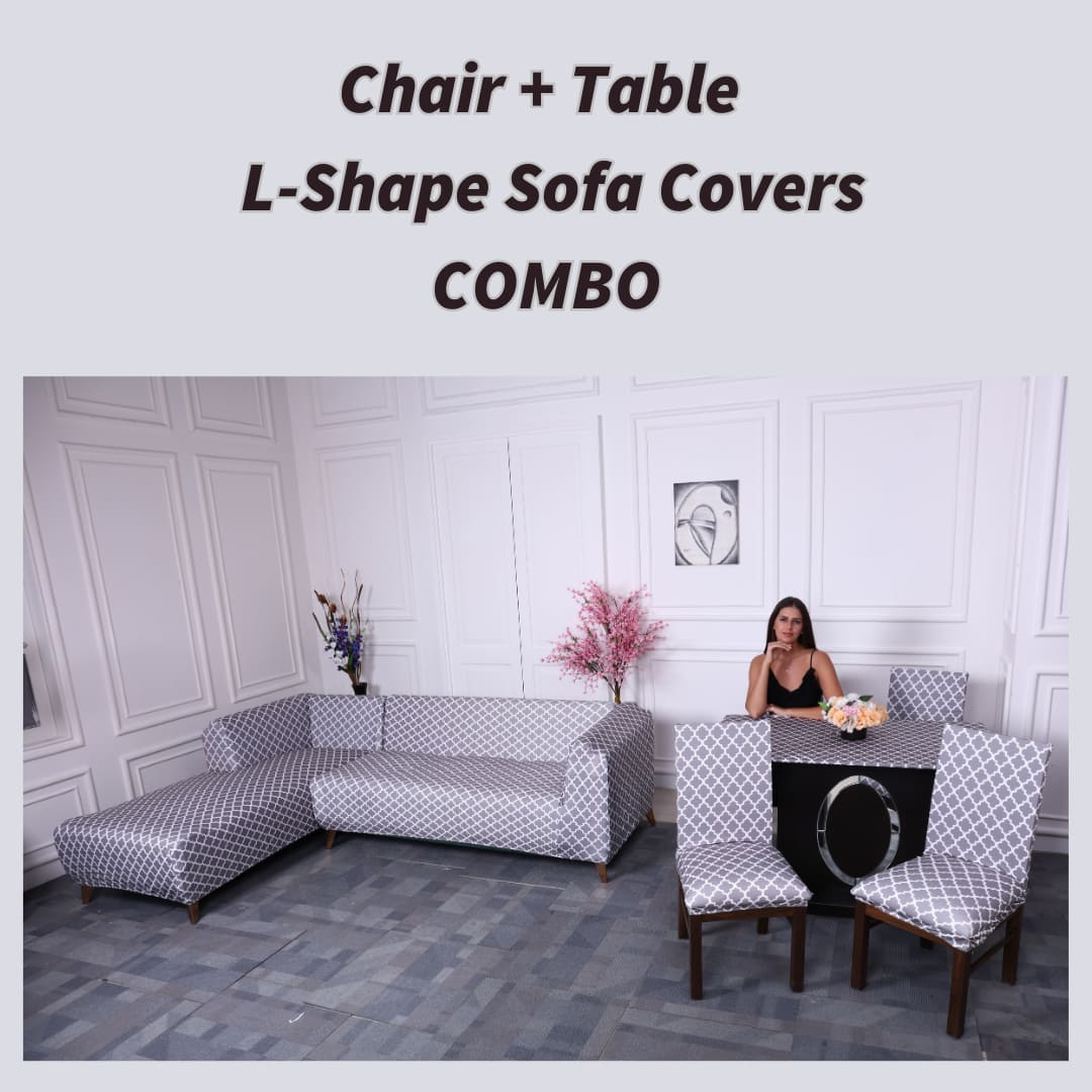 exclusive -grey diamond elastic chair,table & L-shape sofa covers