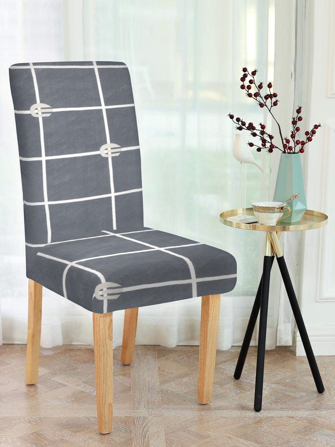  Dining roon Chair Covers -  magic universal chair cover Grey & White Checked Design - DivineTrendz, you can choose dining room chair covers that will add an elegant touch to your home and make your dining room look sophisticated and stylish.