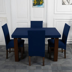 Navy Blue Solid Elastic Chair And Table Cover  Set