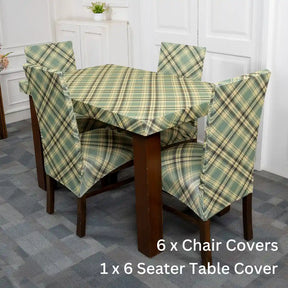 Plaid Pattern Elastic Six Seater Chair And Table Cover