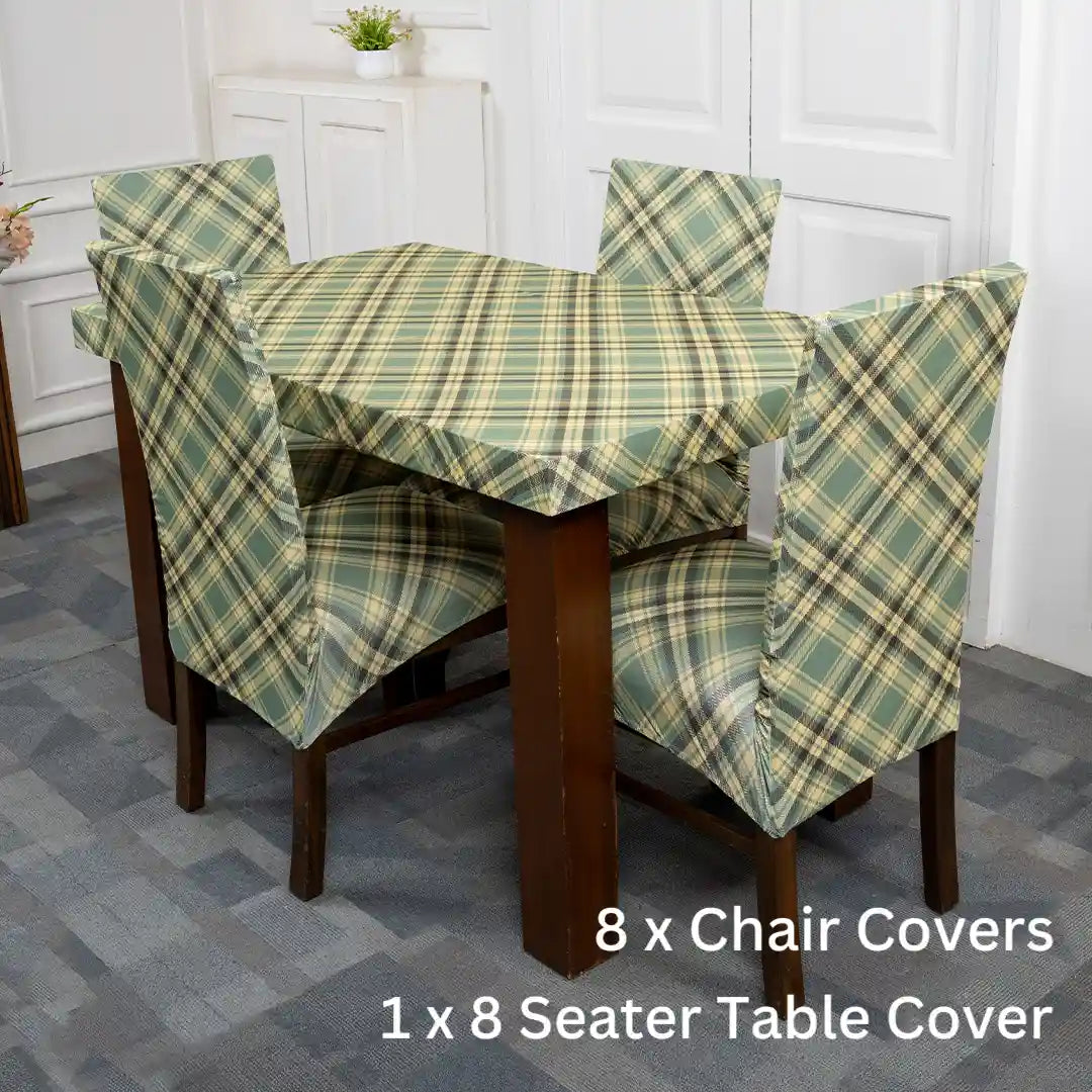 Plaid Pattern Elastic 8 Seater Chair And Table Cover