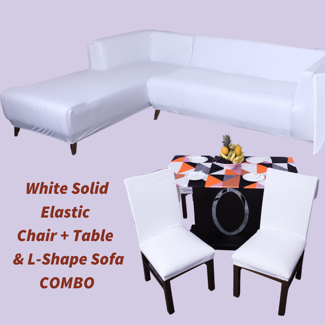 exclusive - white solid elastic chair,table & l -shape sofa cover